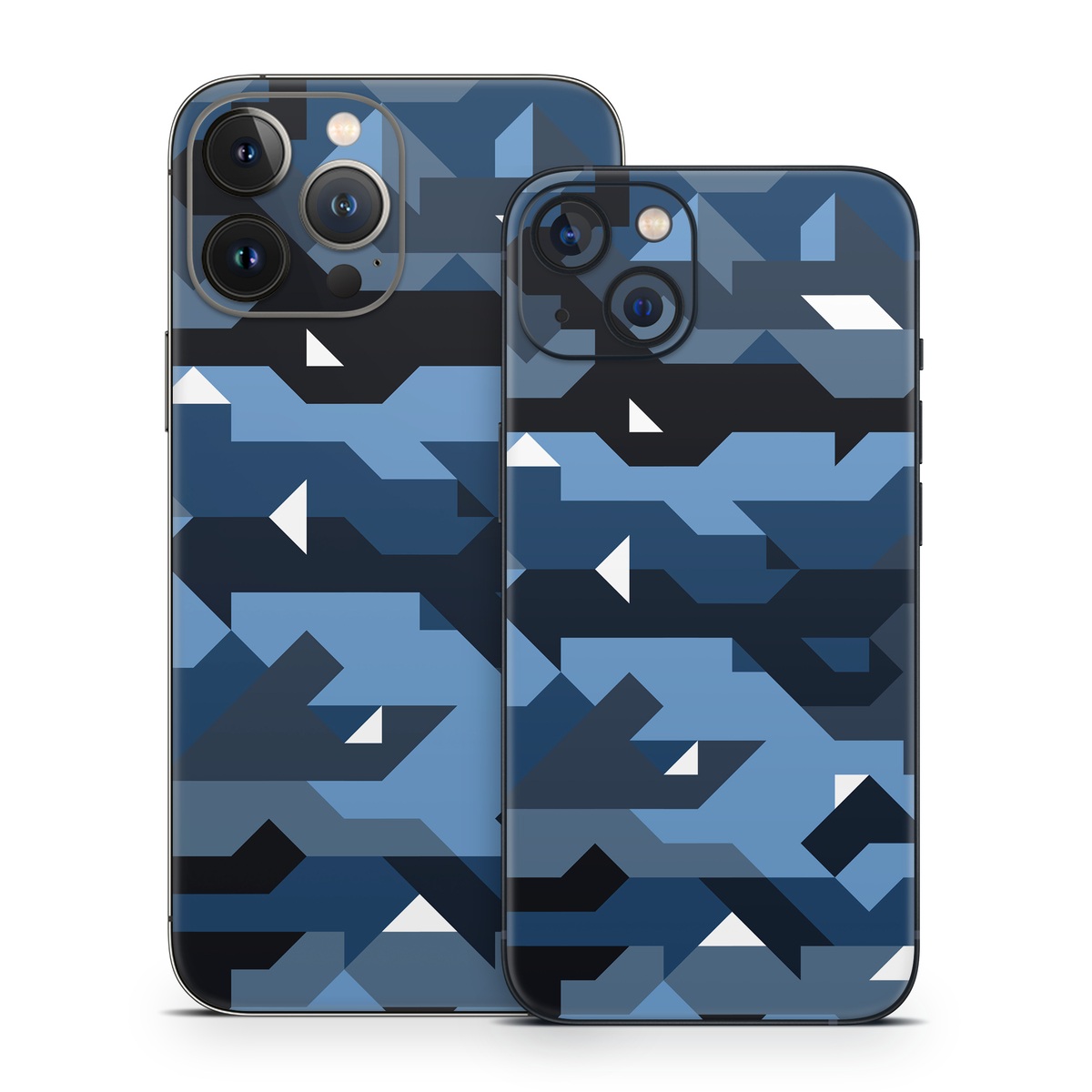iPhone 13 Series Skin design of Blue, Pattern, Design, Font, Line, Camouflage, Illustration, Triangle, with blue, black, white, gray colors