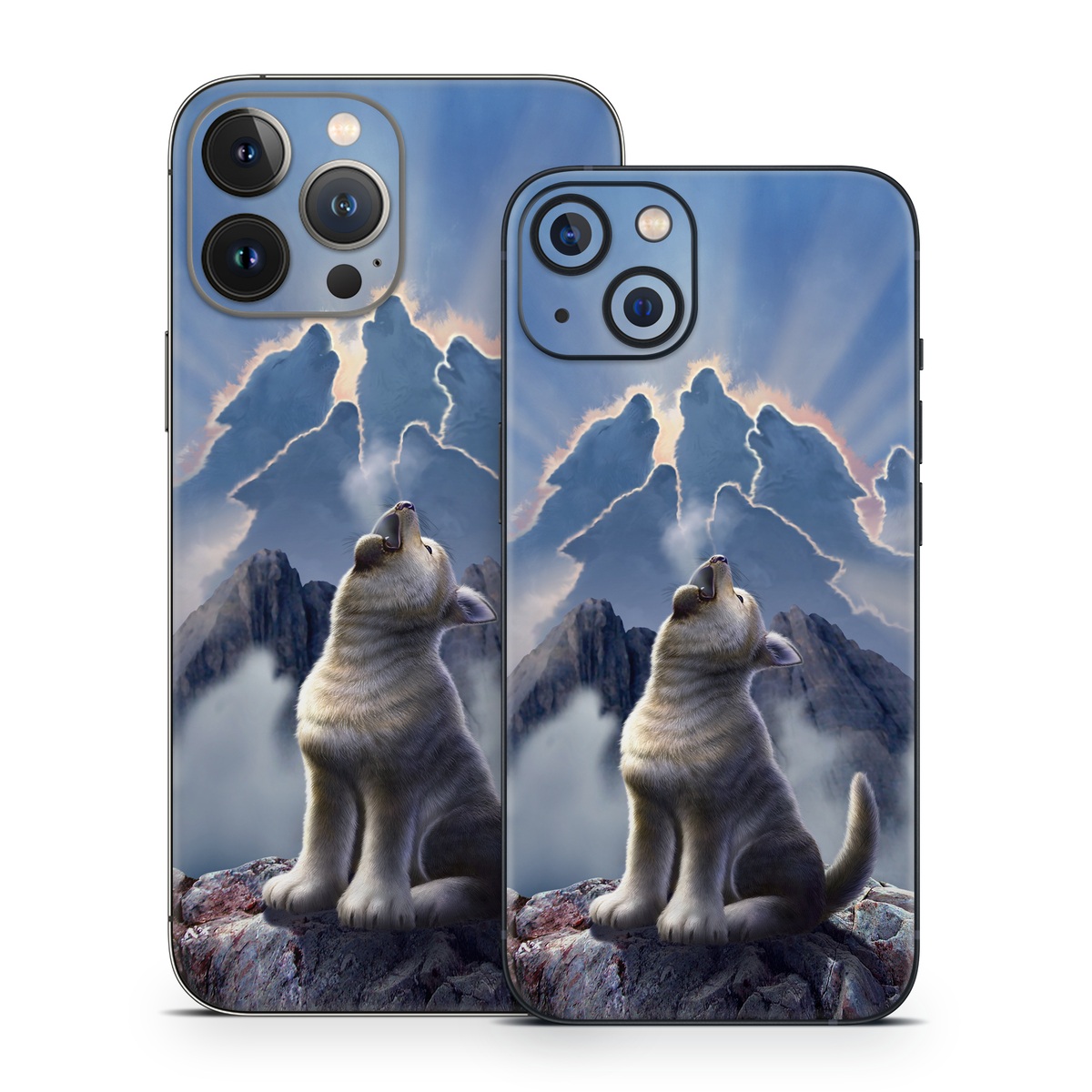 iPhone 13 Series Skin design of Sky, Cloud, Atmosphere, Rock, Wolf, Photography, Cg artwork, Illustration, Mountain, Mythology, with white, blue, gray, brown colors