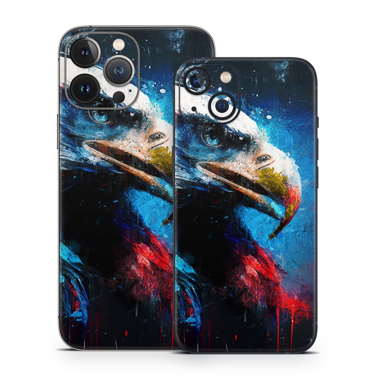 iPhone 13 Series Skin design of Bird, Beak, Organism, Art, Feather, Paint, Painting, Accipitridae, Bird of prey, Electric blue, with blue, red, white, black, gray, yellow colors