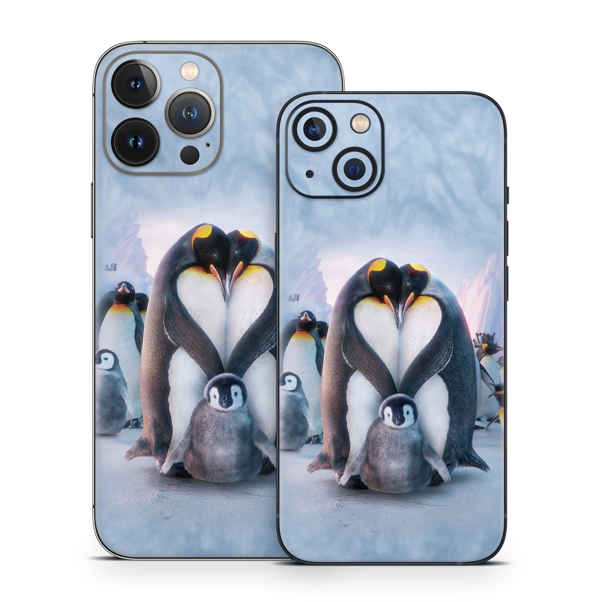 iPhone 13 Series Skin design of Bird, Vertebrate, Flightless bird, Penguin, Gentoo penguin, Emperor penguin, King penguin, Beak, Wildlife, Arctic, with gray, black, blue, purple colors