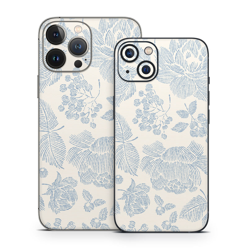 iPhone 13 Series Skin design of White, Botany, Leaf, Textile, Branch, Organism, Art, Aqua, Line, Rectangle, with white, blue colors