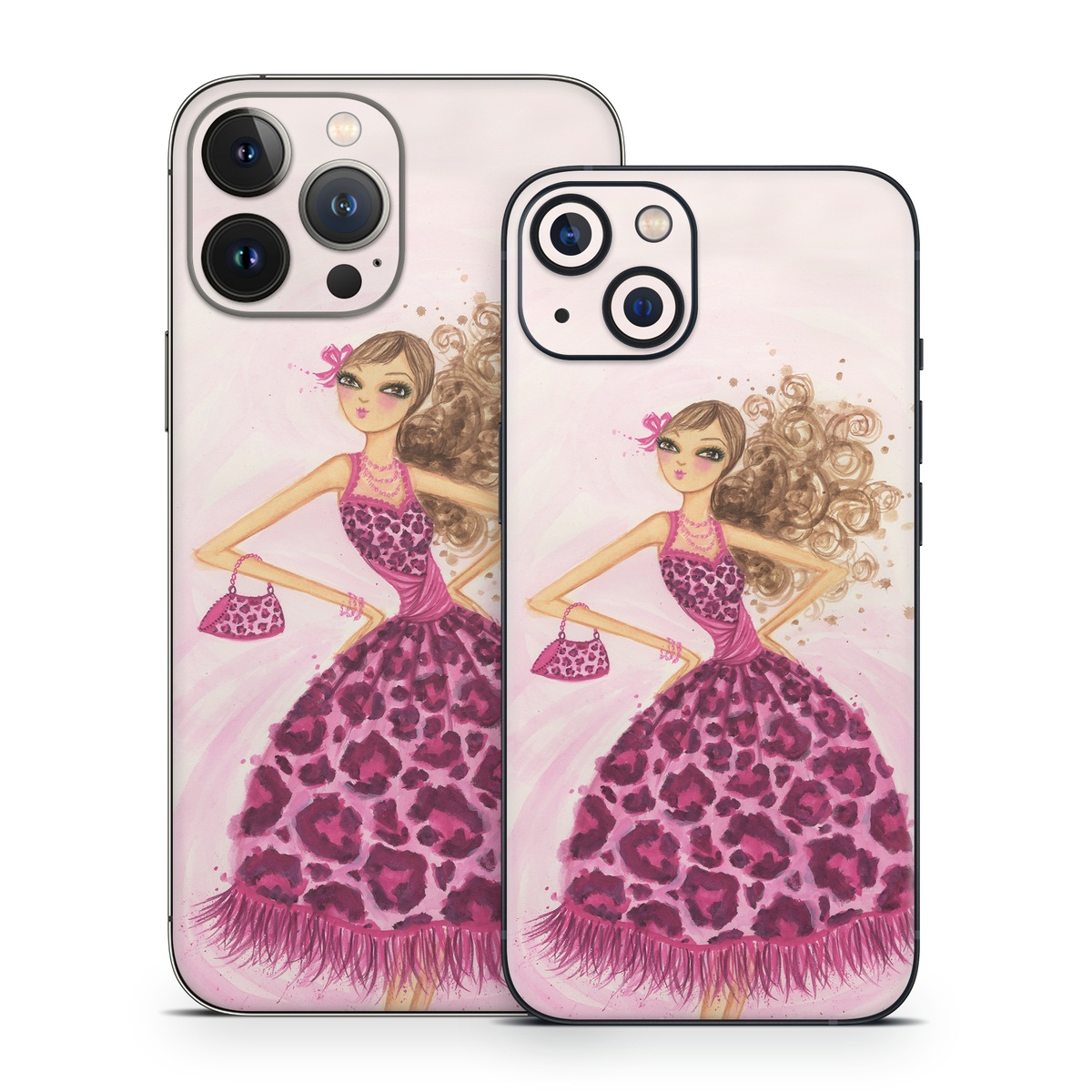 iPhone 13 Series Skin design of Pink, Doll, Dress, Fashion illustration, Barbie, Fashion design, Illustration, Gown, Costume design, Toy, with pink, gray, red, purple, green colors