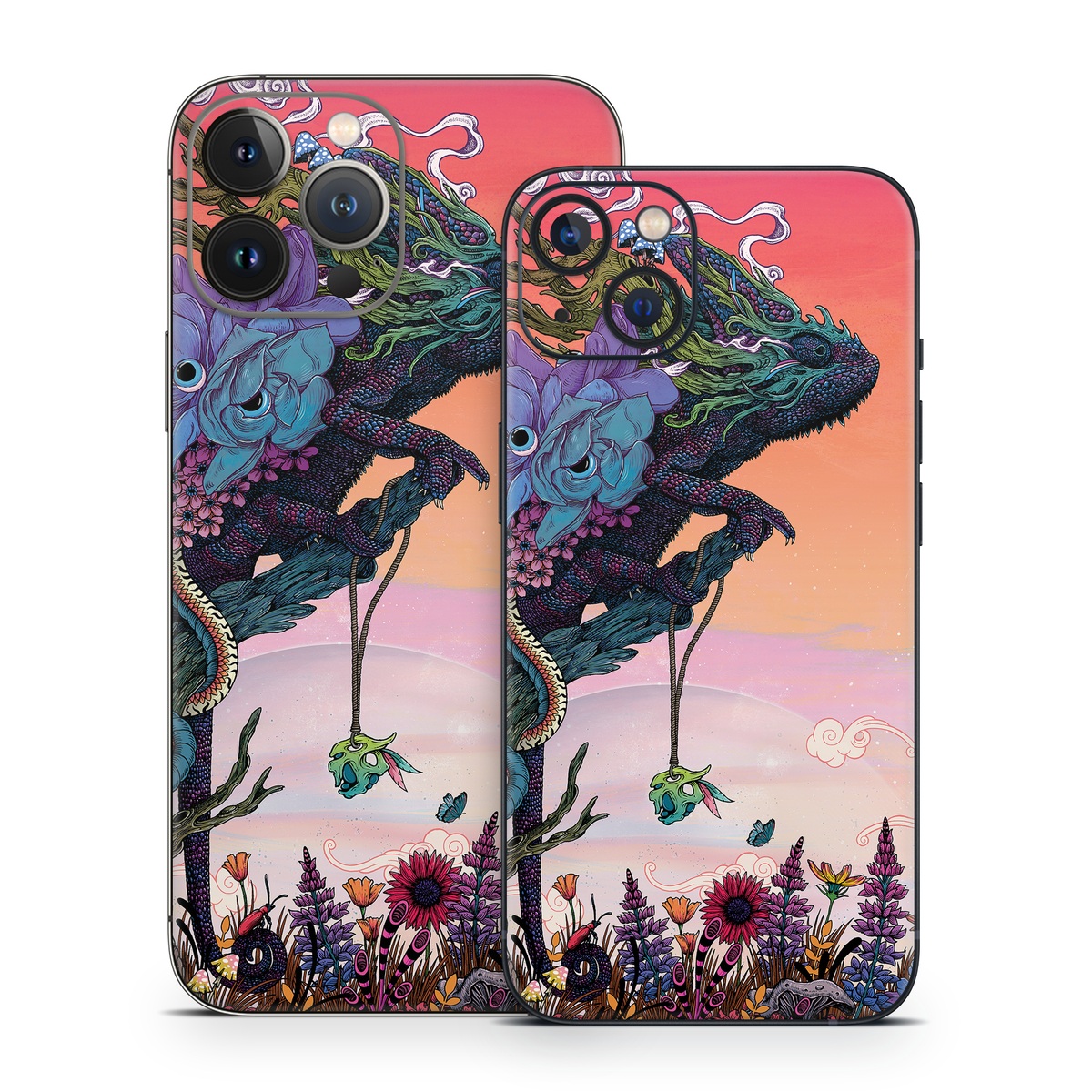 iPhone 13 Series Skin design of Illustration, Fictional character, Fiction, Art, Organism, Plant, Tree, Graphic design, Cg artwork, with red, orange, green, purple, white, blue, brown colors