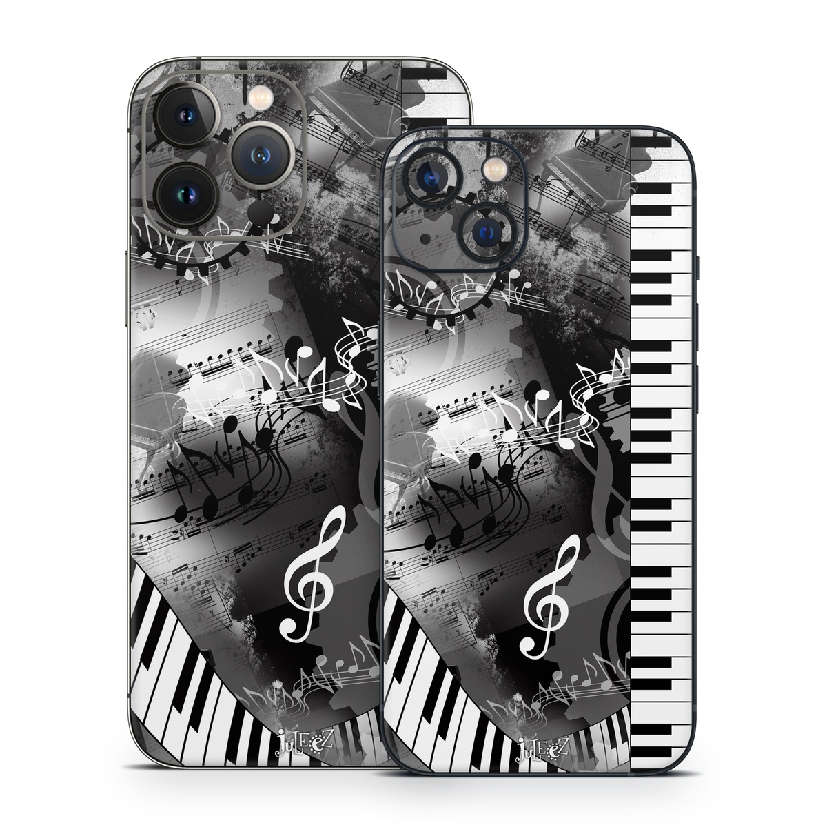 iPhone 13 Series Skin design of Music, Monochrome, Black-and-white, Illustration, Graphic design, Musical instrument, Technology, Musical keyboard, Piano, Electronic instrument, with black, gray, white colors