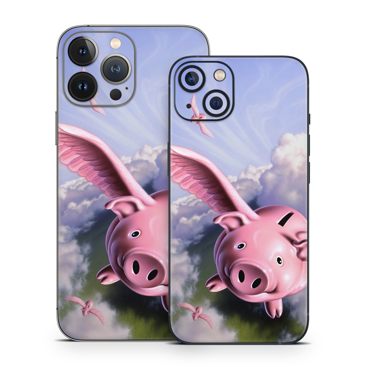 iPhone 13 Series Skin design of Cloud, Sky, Happy, Pink, Bird, Art, Wing, Snout, Wind, Fictional character, with pink, white, blue, gray, green colors