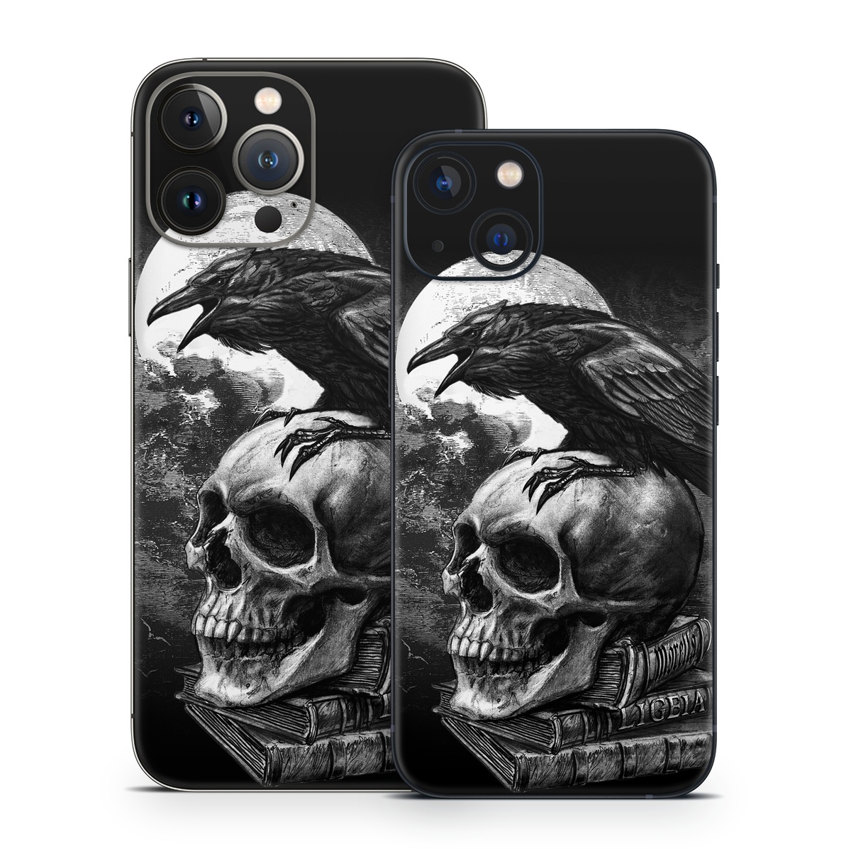iPhone 13 Series Skin design of Bone, Skull, Bird, Darkness, Monochrome, Wing, Black-and-white, Illustration, Beak, Fictional Character, Drawing, Symbol, with black, white, gray colors