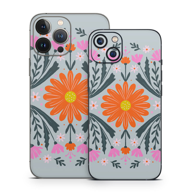 iPhone 13 Series Skin design of Petal, Gesture, Font, Flower, Pattern, Art, Creative arts, Floral design, Illustration, Flowering plant, with pink, orange, green, white colors