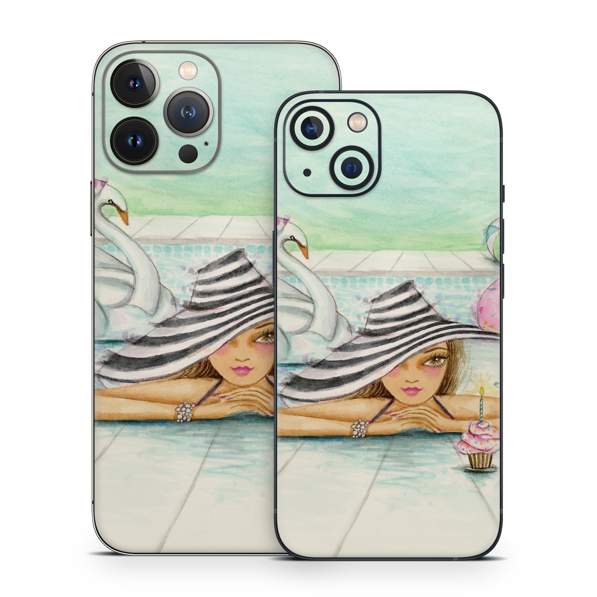 iPhone 13 Series Skin design of Watercolor paint, Illustration, Cartoon, Art, Painting, Drawing, Fictional character, with blue, pink, white, black, brown, red, green, yellow colors