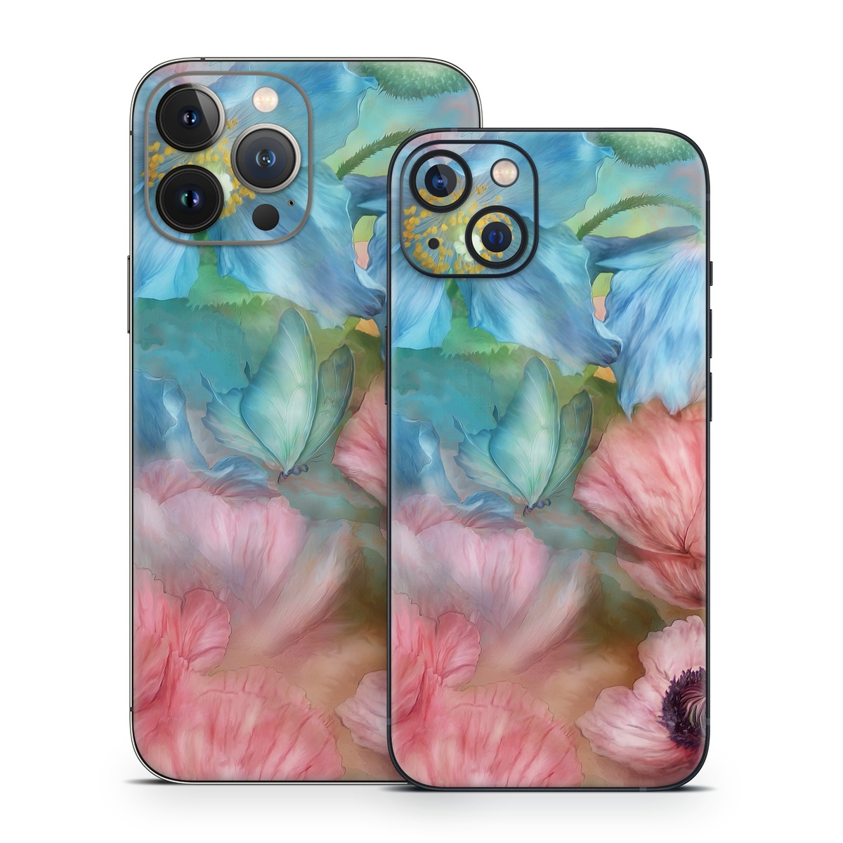 iPhone 13 Series Skin design of Flower, Petal, Watercolor paint, Painting, Plant, Flowering plant, Pink, Botany, Wildflower, Still life, with gray, blue, black, red, green colors