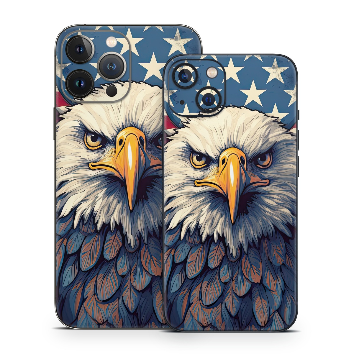 iPhone 13 Series Skin design of Bird, Accipitridae, Beak, Sea eagle, Falconiformes, Feather, Eagle, Painting, Art, Bald eagle, with red, blue, white, brown, yellow, gray, orange colors