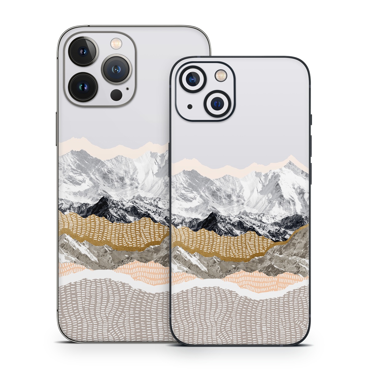 iPhone 13 Series Skin design of White, Mountainous landforms, Mountain, Mountain range, Glacial landform, Geological phenomenon, Sky, Ridge, Geology, Glacier, with white, yellow, brown, gray, black colors
