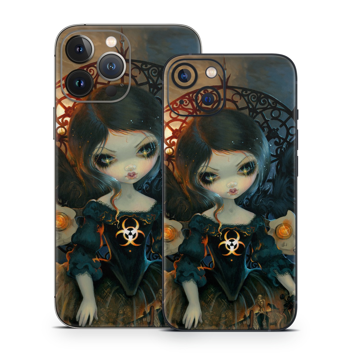 iPhone 13 Series Skin design of Doll, Head, Illustration, Eye, Cg artwork, Fictional character, Toy, Iris, Art, Mythology, with brown, red, black, orange, blue, yellow colors