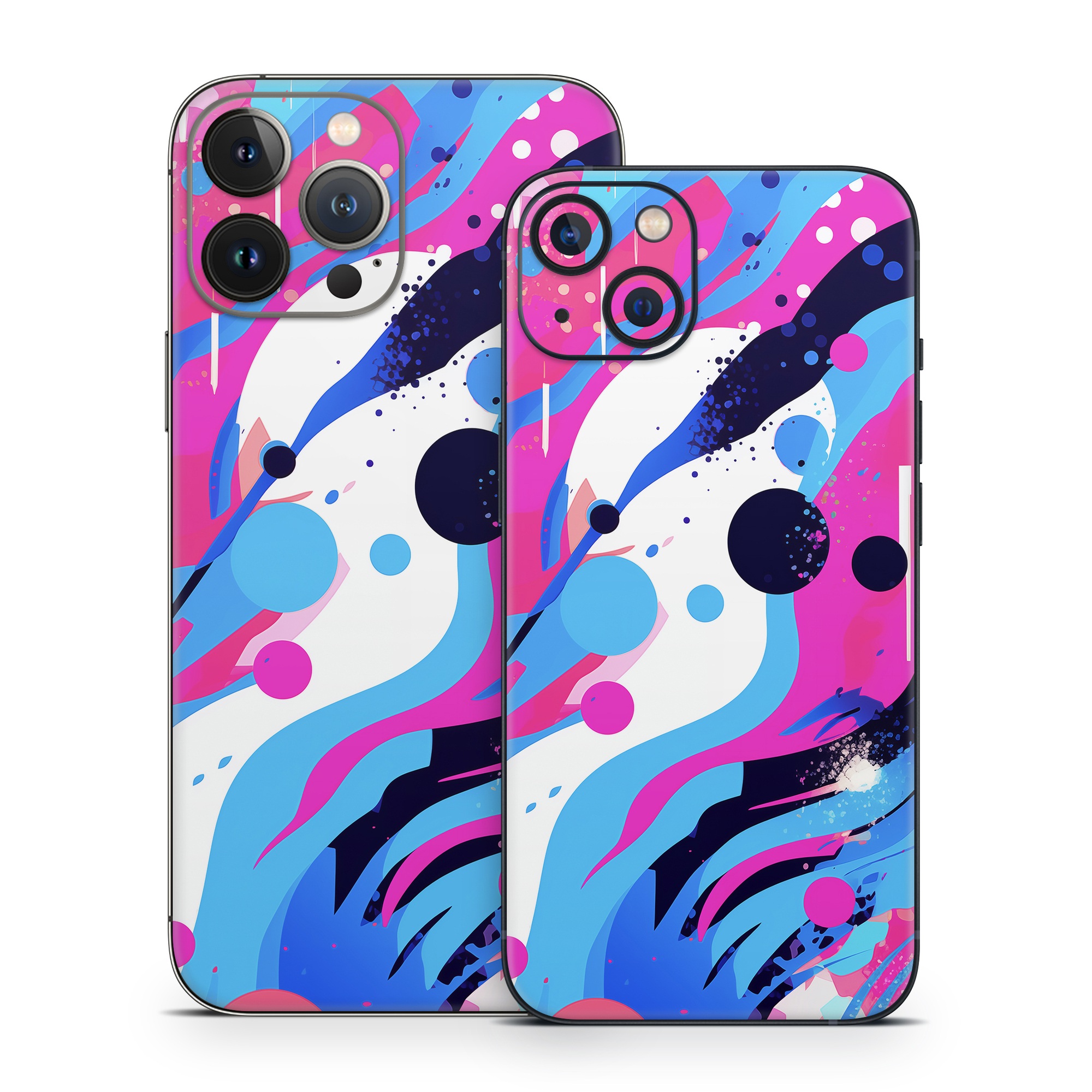 iPhone 13 Series Skin design of Organism, Art, Line, Font, Magenta, Art paint, Paint, Pattern, Electric blue, Tints and shades, with pink, blue, white, black, orange colors