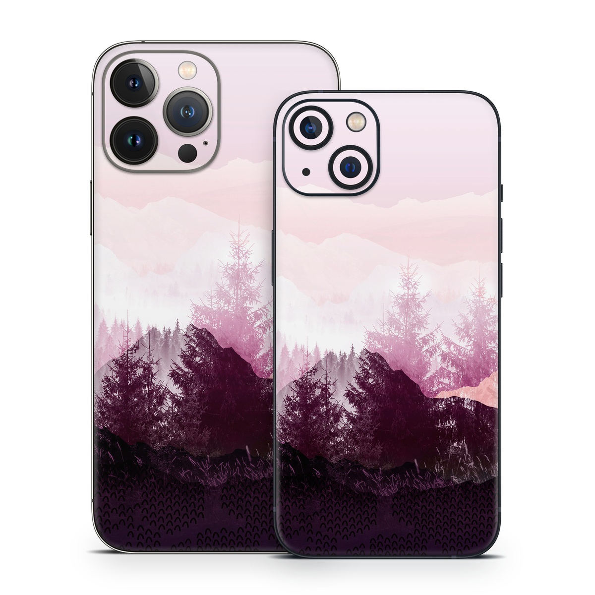 iPhone 13 Series Skin design of Sky, Purple, Atmospheric phenomenon, Pink, Natural landscape, Violet, Mountain, Tree, Morning, Mountain range, with white, purple, black, pink colors