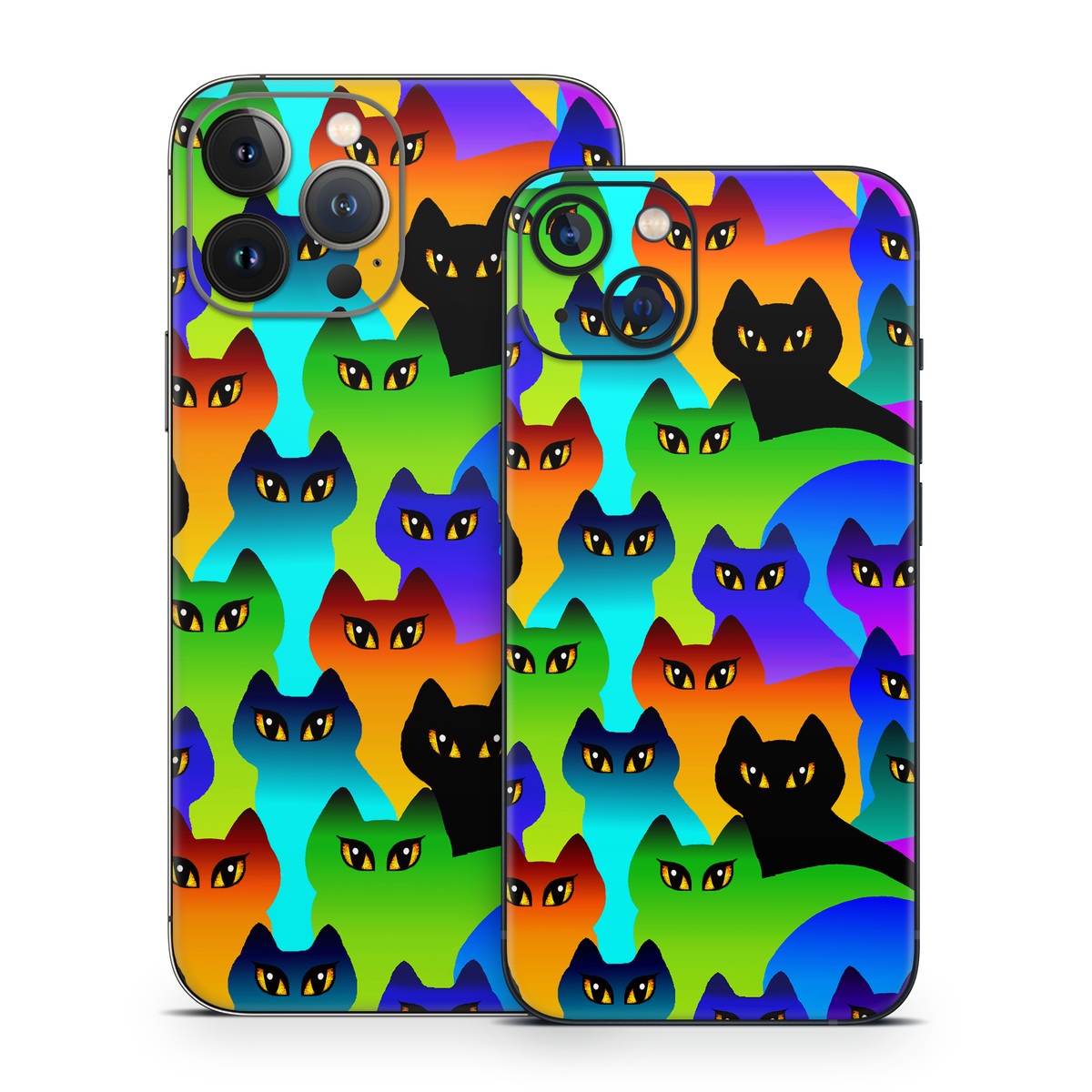 iPhone 13 Series Skin design of Black cat, Purple, Cat, Small to medium-sized cats, Pattern, Design, Felidae, Illustration, Art, with black, blue, green, purple colors