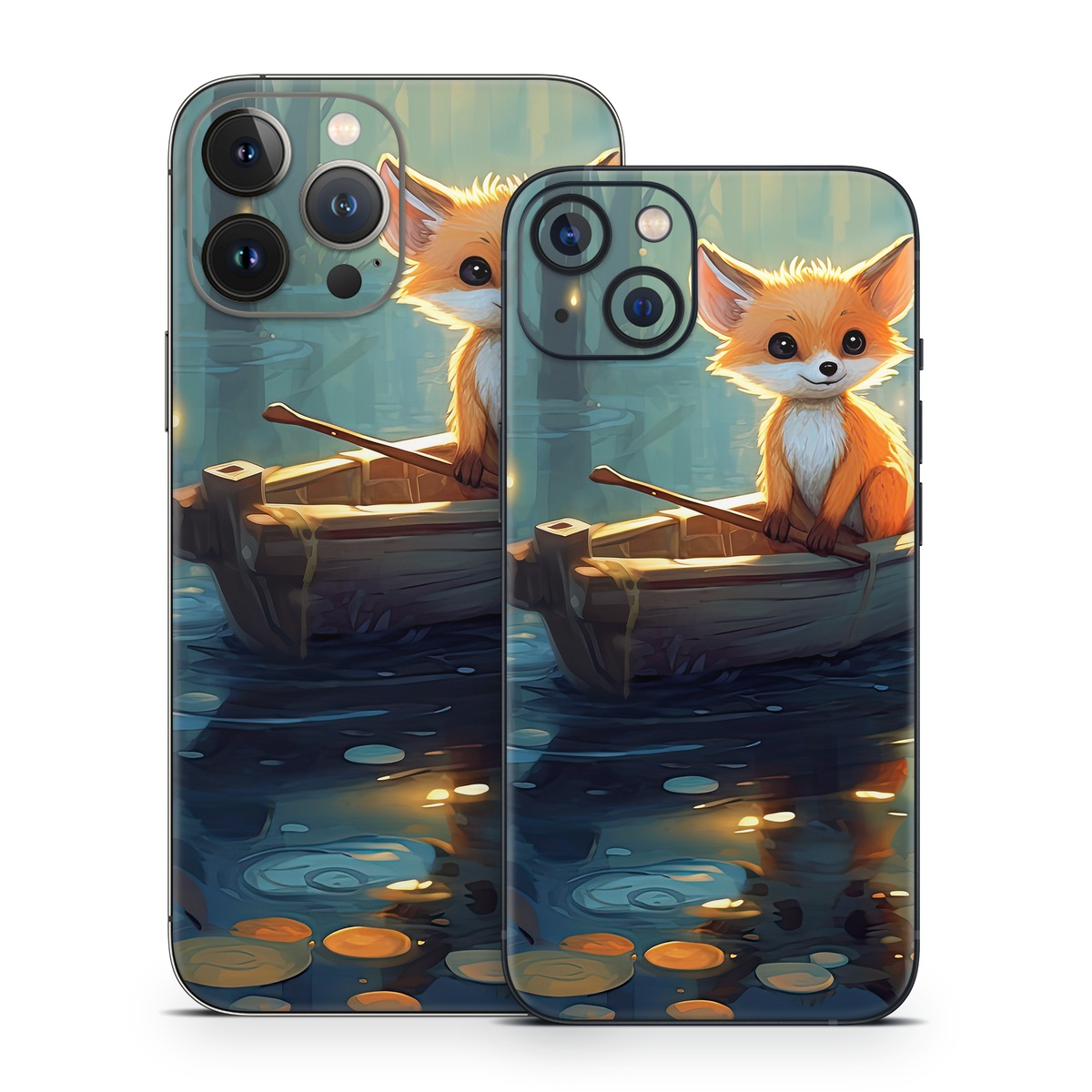 iPhone 13 Series Skin design of Water, Boat, Light, Nature, Organism, Orange, Cartoon, Watercraft, Art, Plant, with blue, yellow, orange, white, black, gray, green, brown colors