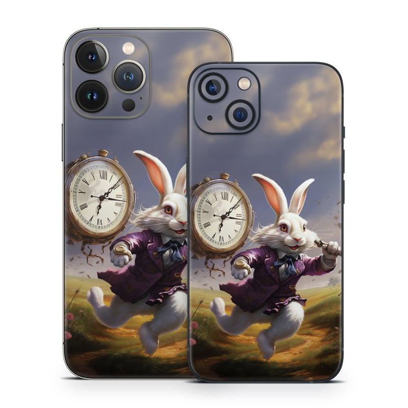 iPhone 13 Series Skin design of Sky, Plant, Nature, Cartoon, Rabbit, Cloud, Clock, Happy, Fawn, Art, with white, gray, purple, blue, green, pink, brown colors