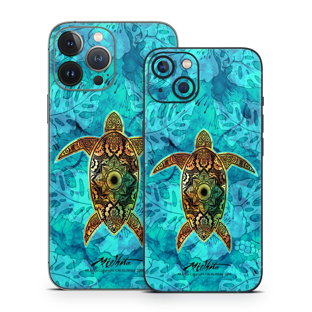 iPhone 13 Series Skin design of Sea turtle, Green sea turtle, Turtle, Hawksbill sea turtle, Tortoise, Reptile, Loggerhead sea turtle, Illustration, Art, Pattern, with blue, black, green, gray, red colors