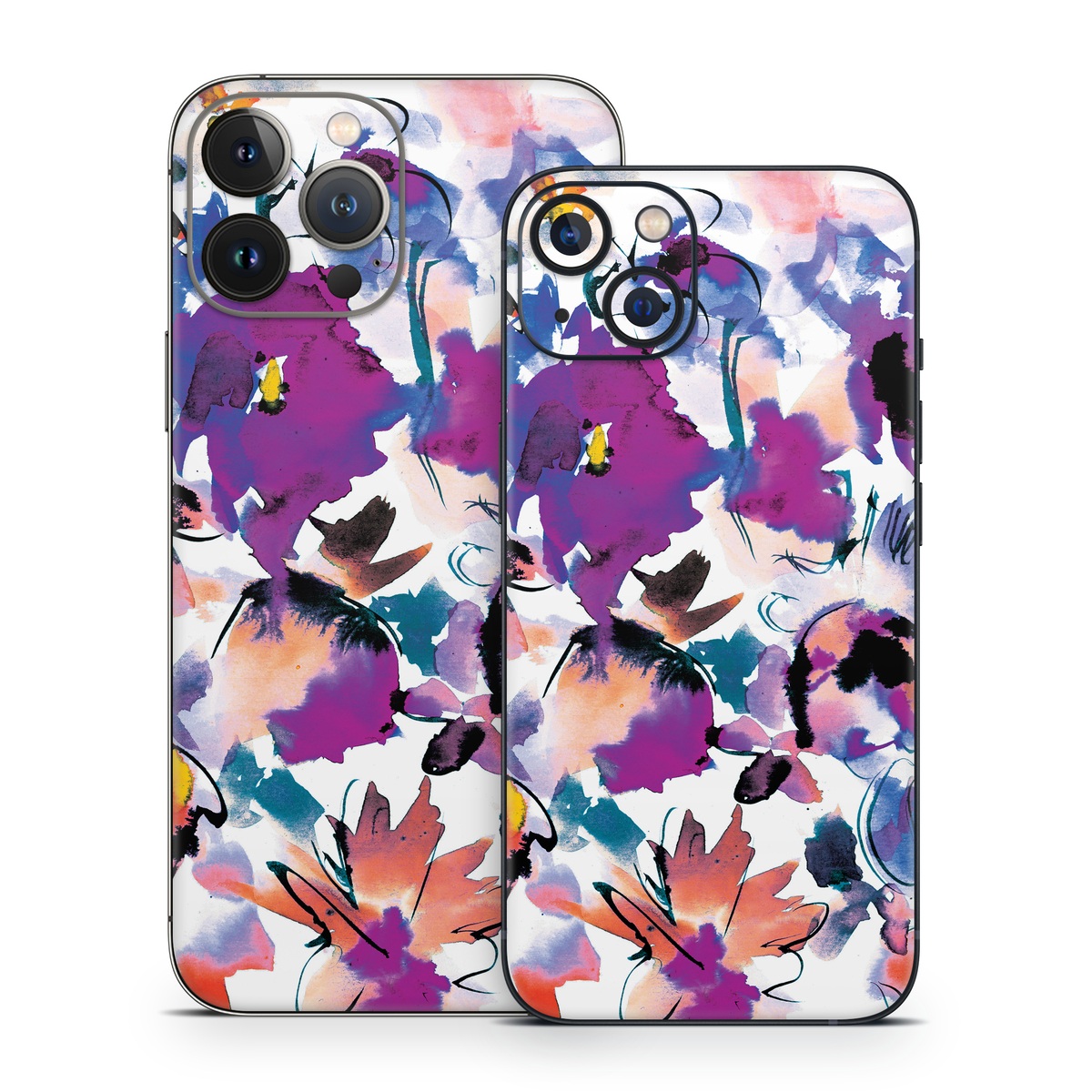 iPhone 13 Series Skin design of Product, Purple, Illustration, Graphic design, Plant, Clip art, Flower, Graphics, Wildflower, Watercolor paint, with white, purple, pink, yellow, blue, black colors