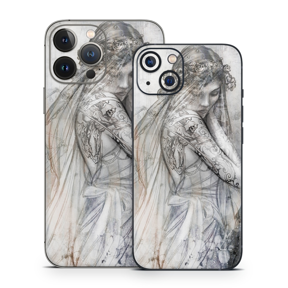 iPhone 13 Series Skin design of Lady, Art, Illustration, Drawing, Painting, Sketch, Mythology, Figure drawing, Long hair, Visual arts, with white, gray, black colors