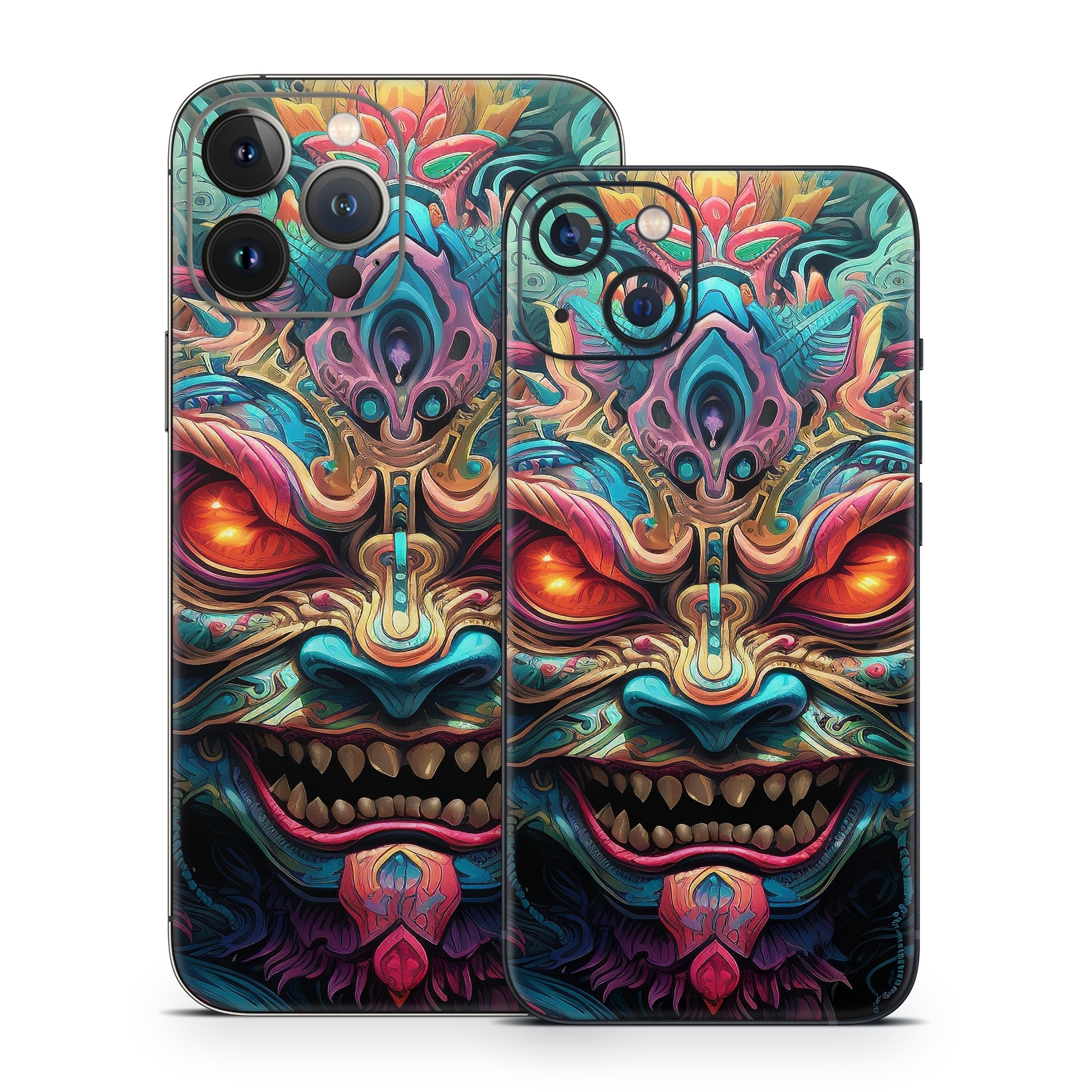 iPhone 13 Series Skin design of Head, Eye, Human body, Art, Painting, Symmetry, Pattern, Paint, Magenta, Visual arts, with green, blue, yellow, orange, red, white, purple, black, gray colors