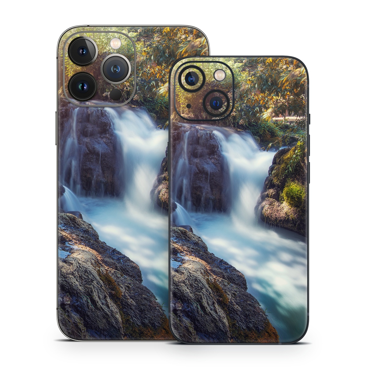 iPhone 13 Series Skin design of Waterfall, Natural landscape, Body of water, Nature, Water resources, Water, Watercourse, Stream, Nature reserve, Rock, with gray, yellow, orange, green, white, blue colors