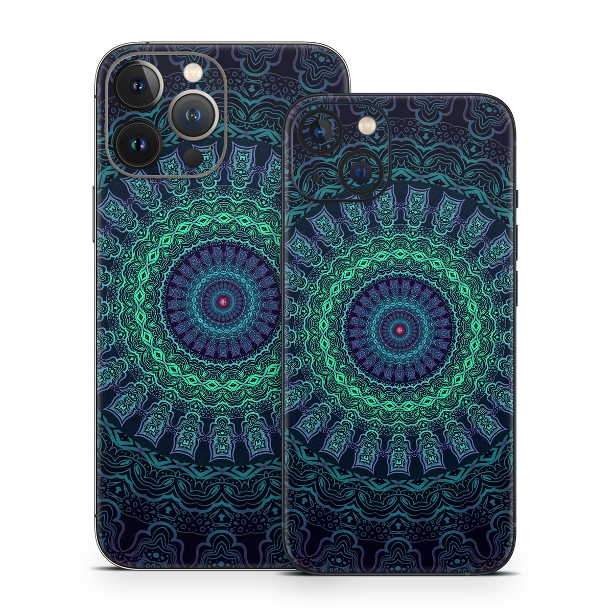 iPhone 13 Series Skin design of Colorfulness, Blue, Green, Pattern, Teal, Turquoise, Art, Electric Blue, Aqua, Circle, Majorelle Blue, Visual Arts, Fractal Art, Design, Symmetry, Psychedelic Art, Graphics, Kaleidoscope, Motif, with black, green, red colors
