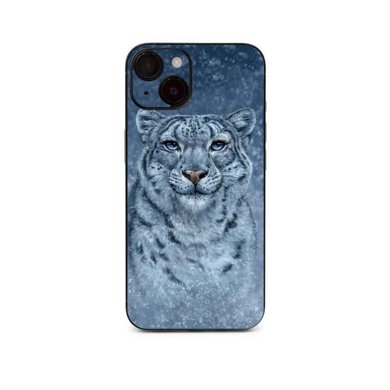 iPhone 13 Series Skin design of Snow, Carnivore, Felidae, Whiskers, Terrestrial animal, Snout, Big cats, Painting, Fur, Illustration, with white, black, blue, gray colors