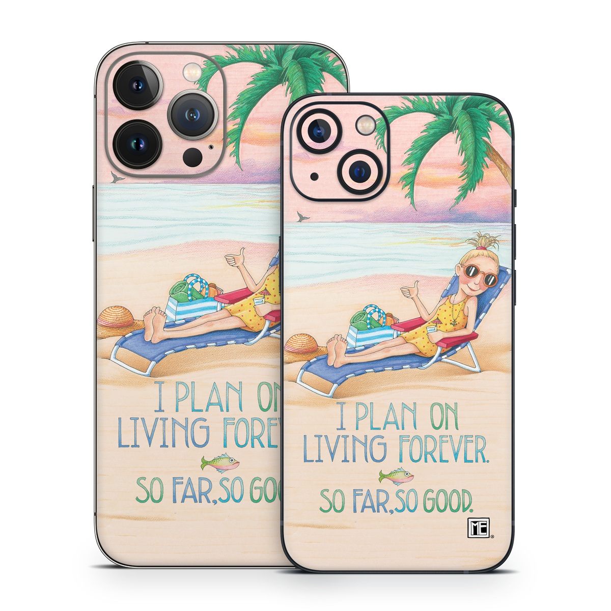 iPhone 13 Series Skin design of Vacation, Product, Summer, Aqua, Illustration, Sun tanning, Fictional character, Caribbean, Graphics, Happy, with pink, green, brown, yellow, blue, white, red colors