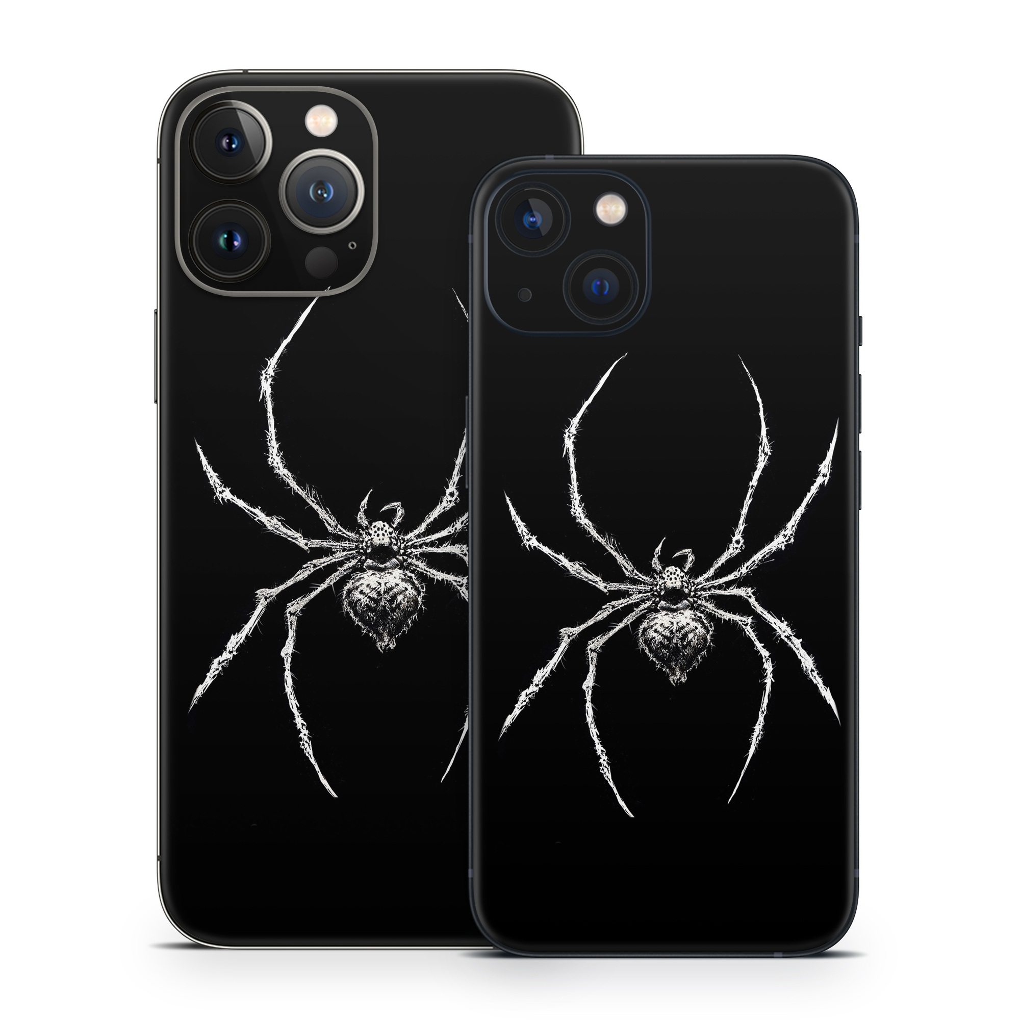 iPhone 13 Series Skin design of Arthropod, Spider, Insect, Spider web, Terrestrial animal, Arachnid, Invertebrate, Tangle-web spider, Symmetry, Terrestrial plant, with black, white, gray colors