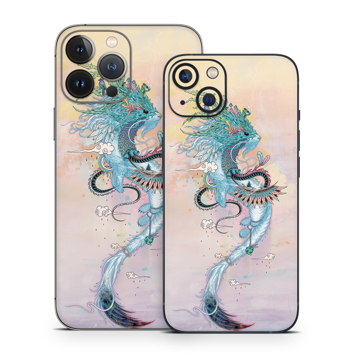 iPhone 13 Series Skin design of Illustration, Water, Watercolor paint, Art, Fictional character, Graphic design, Mythology, Visual arts, Painting, Drawing, with yellow, pink, blue, green colors