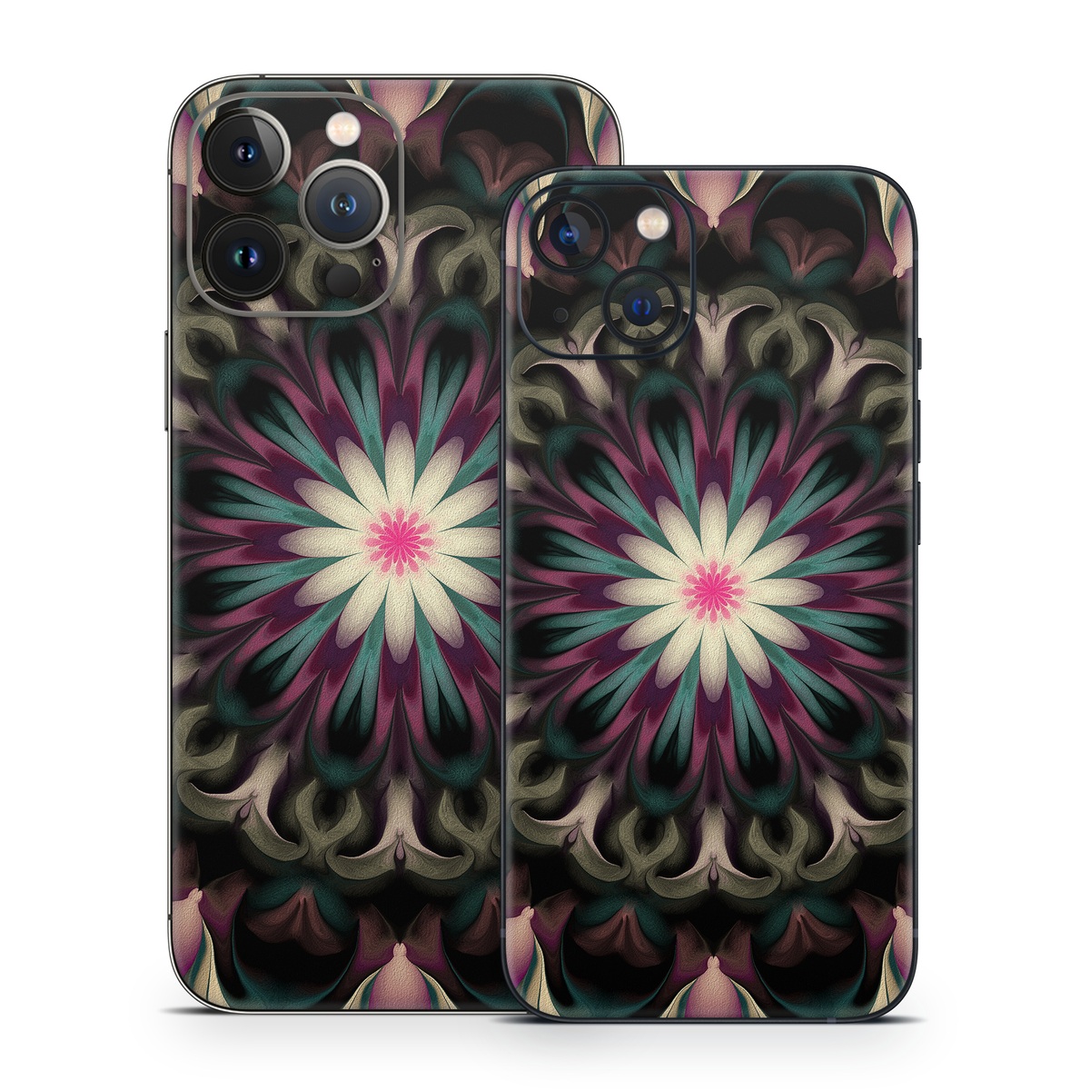 iPhone 13 Series Skin design of Fractal art, Pattern, Pink, Psychedelic art, Art, Kaleidoscope, Design, Symmetry, Visual arts, Textile, with black, purple, white, green, blue colors