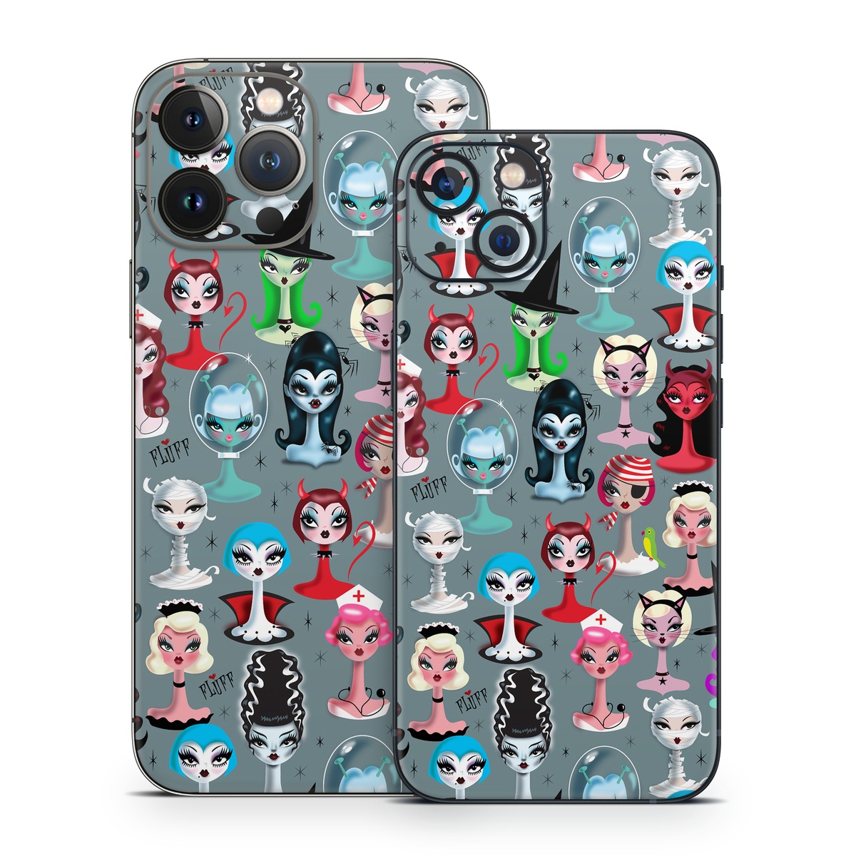 iPhone 13 Series Skin design of Facial expression, Head, Design, Collection, Fictional character, Pattern, Skull, Illustration, Collage, Style, with gray, white, red, blue, green, black, pink, purple colors