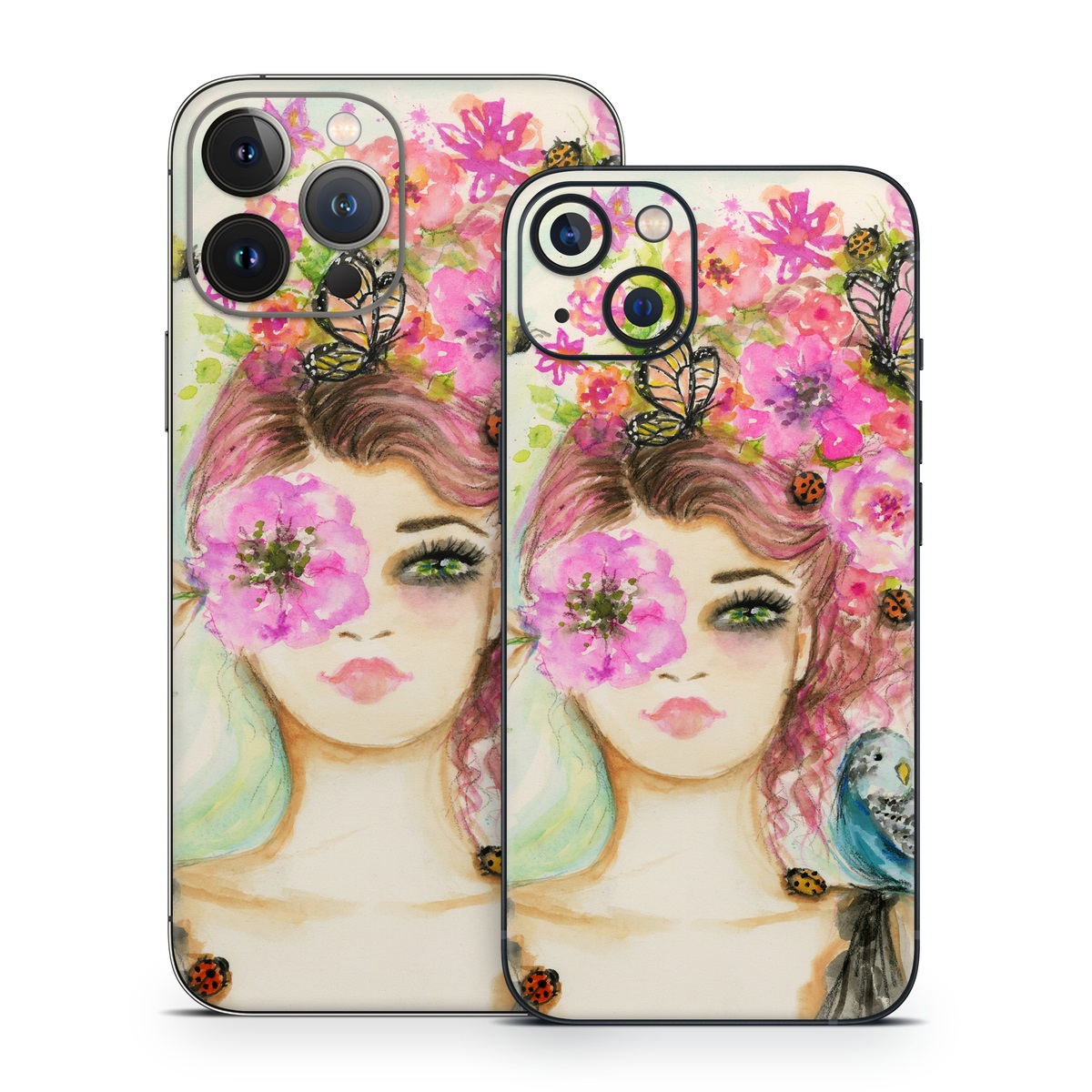 iPhone 13 Series Skin design of Face, Watercolor paint, Illustration, Pink, Head, Fashion illustration, Beauty, Art, Cheek, Painting, with white, pink, green, blue, yellow, red, brown colors