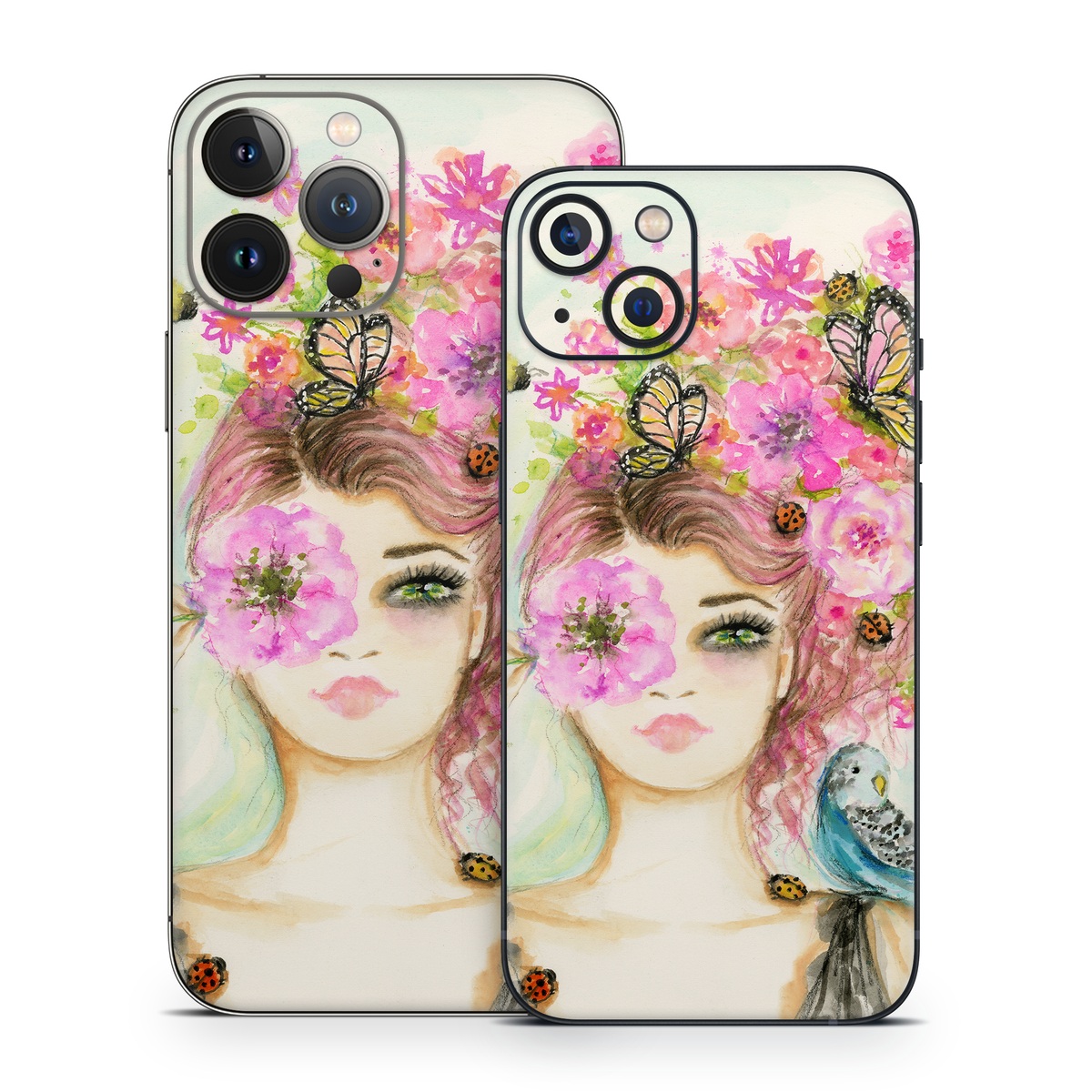 iPhone 13 Series Skin design of Pink, Illustration, Fashion illustration, Watercolor paint, Fictional character, Dress, Hair accessory, Wildflower, Costume, Plant, with blue, pink, yellow, orange, purple, brown, green colors