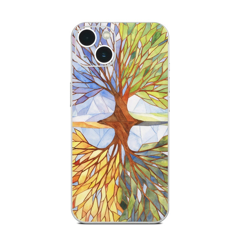 iPhone 13 Series Skin design of Leaf, Tree, Botany, Plant, Symmetry, Art, Pattern, Painting, Plant stem, Plane, with blue, brown, orange, yellow, red, purple colors