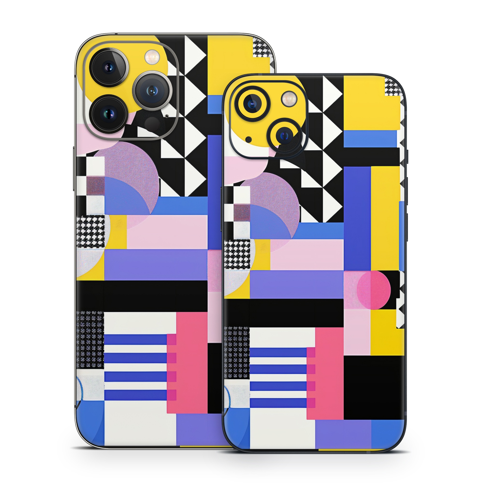 iPhone 13 Series Skin design of White, Black, Rectangle, Font, Art, Red, Pattern, Tints and shades, Circle, Electric blue, with blue, white, black, yellow, pink, purple colors