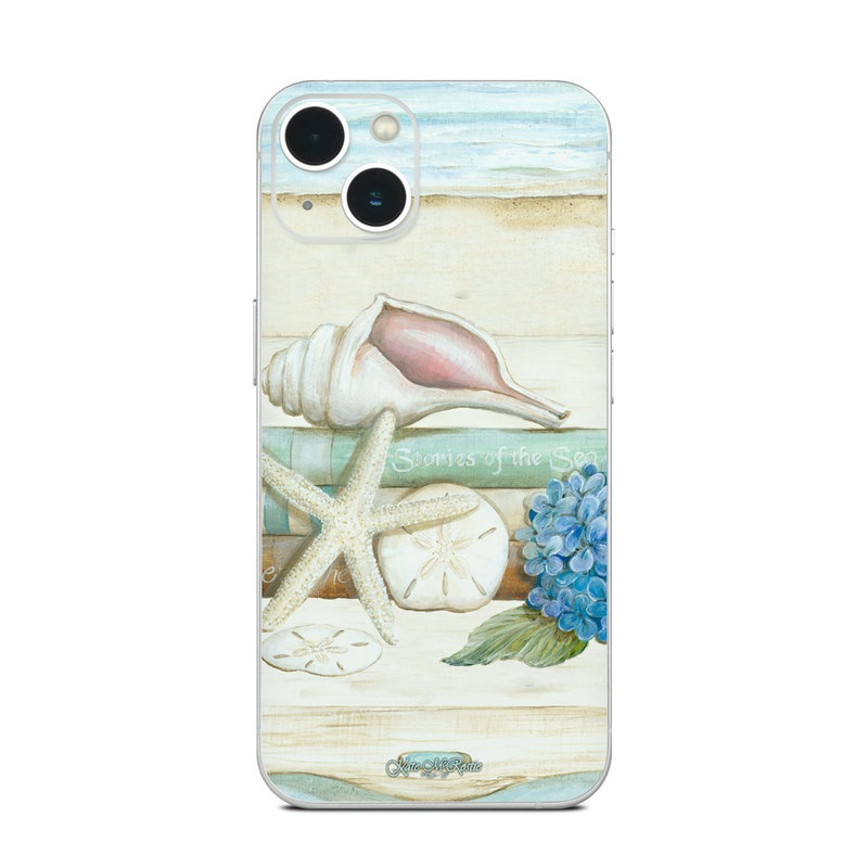iPhone 13 Series Skin design of Starfish, Shell, Hydrangea, Plant, Flower, Still life, Echinoderm, Cornales, with gray, green, blue, yellow colors