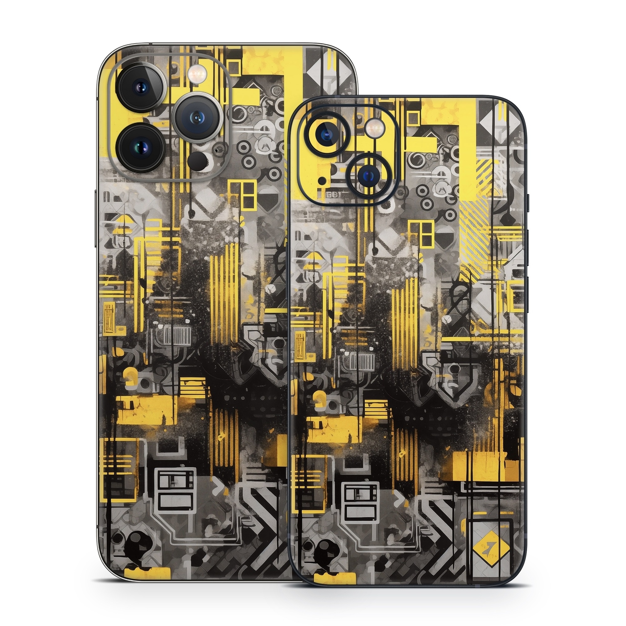 iPhone 13 Series Skin design of Rectangle, Yellow, Font, Art, City, Engineering, Tints and shades, Pattern, Symmetry, Space, with black, white, gray, yellow colors