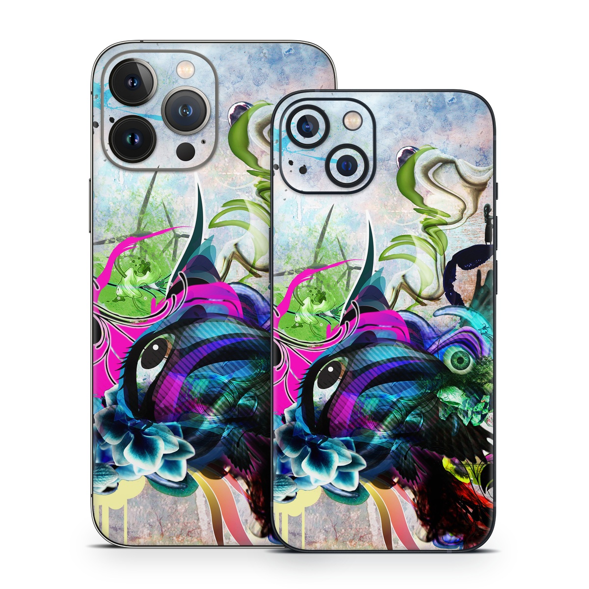 iPhone 13 Series Skin design of Graphic design, Psychedelic art, Art, Illustration, Purple, Visual arts, Graffiti, Street art, Design, Painting, with gray, black, blue, green, purple colors