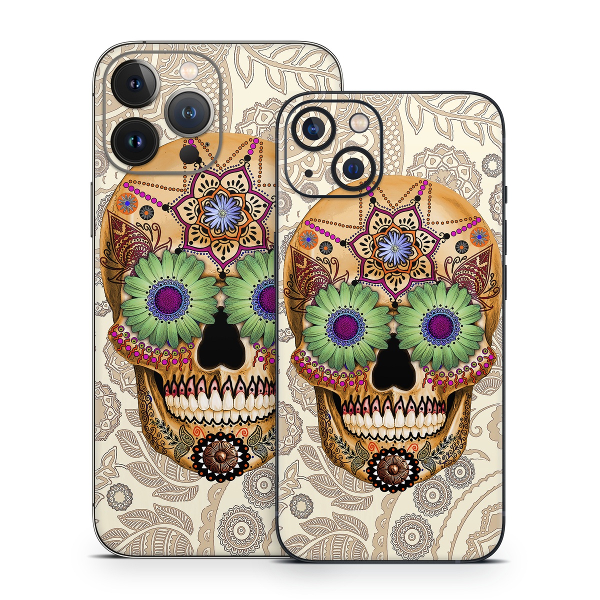 iPhone 13 Series Skin design of Skull, Bone, Pattern, Design, Illustration, Visual arts, Fashion accessory, Art, with gray, yellow, green, black, red, pink colors
