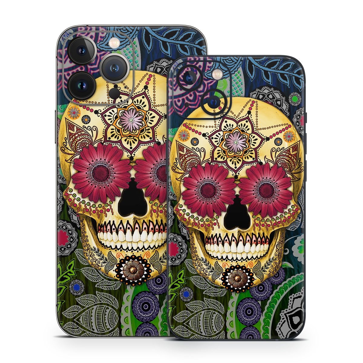 iPhone 13 Series Skin design of Skull, Bone, Pattern, Psychedelic art, Visual arts, Design, Illustration, Art, Textile, Plant, with black, red, gray, green, blue colors