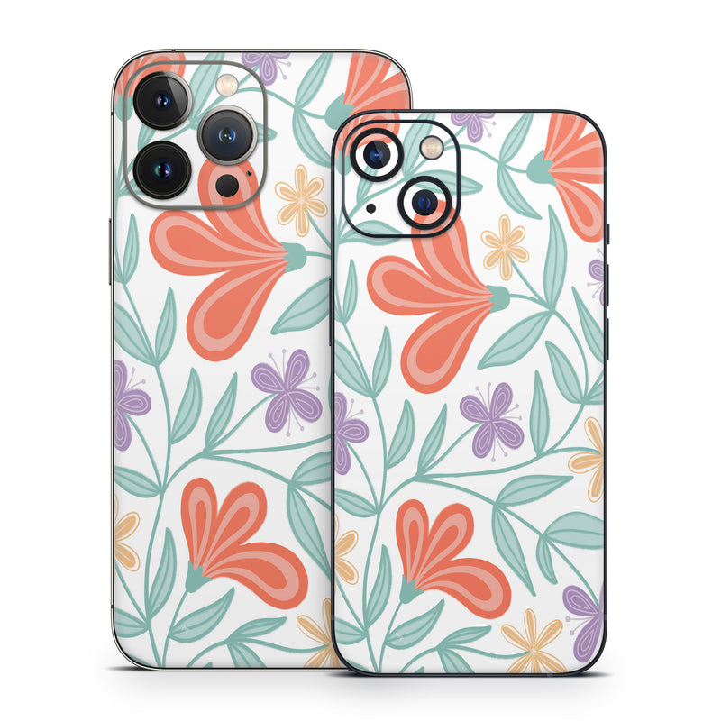 iPhone 13 Series Skin design of Orange, Pink, Petal, Visual arts, Creative arts, Motif, Floral design, Wrapping Paper, Pedicel, Graphics, with white, green, red, purple, pink colors