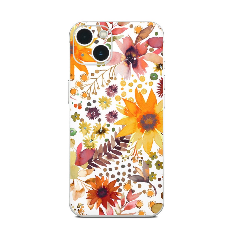 iPhone 13 Series Skin design of Flower, Plant, Petal, Botany, Textile, Orange, Line, Groundcover, Creative arts, Flowering plant, with white, yellow, pink, green, brown, orange colors