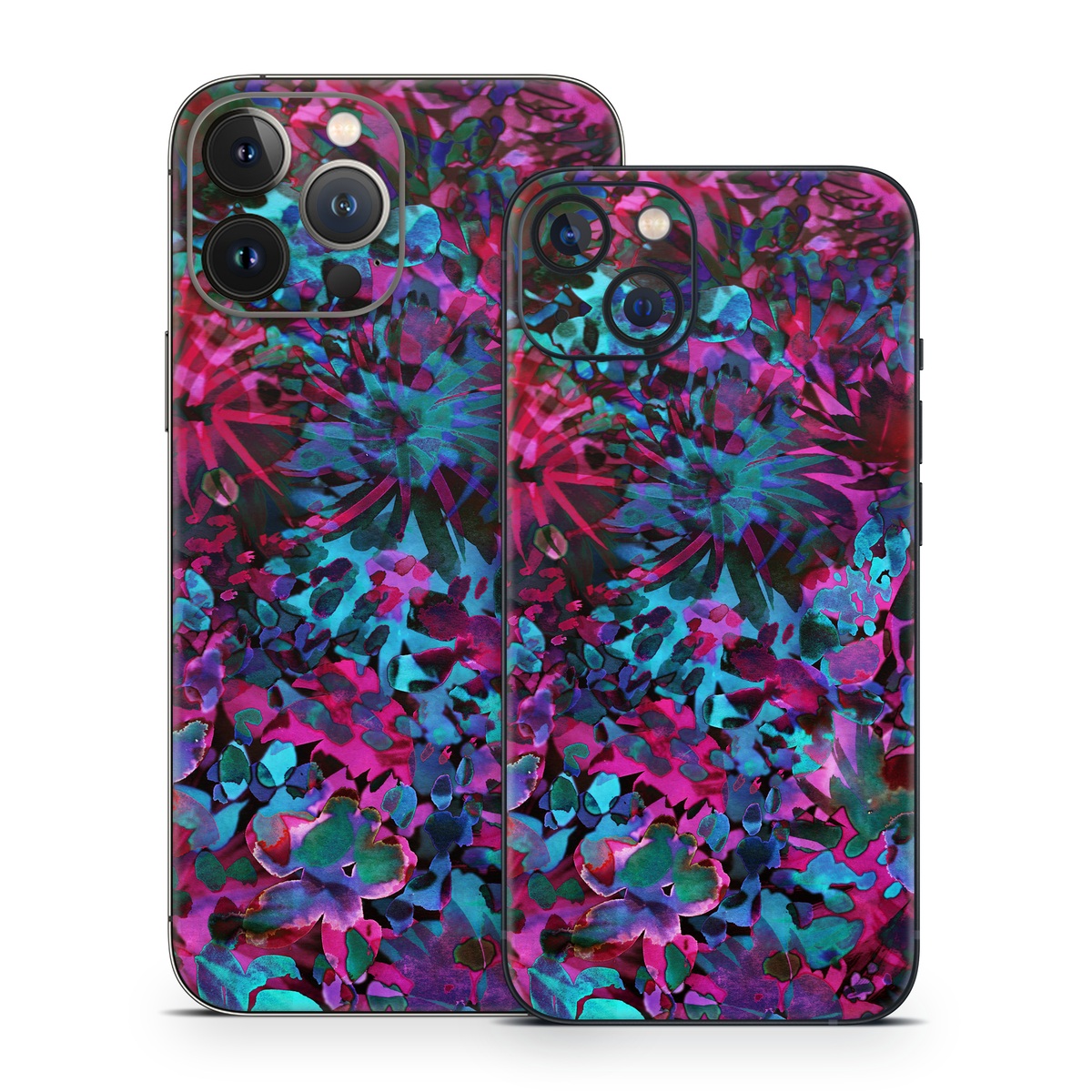 iPhone 13 Series Skin design of Pink, Purple, Violet, Lilac, Flower, Leaf, Plant, Magenta, Botany, Pattern, with black, pink, purple, blue, green colors
