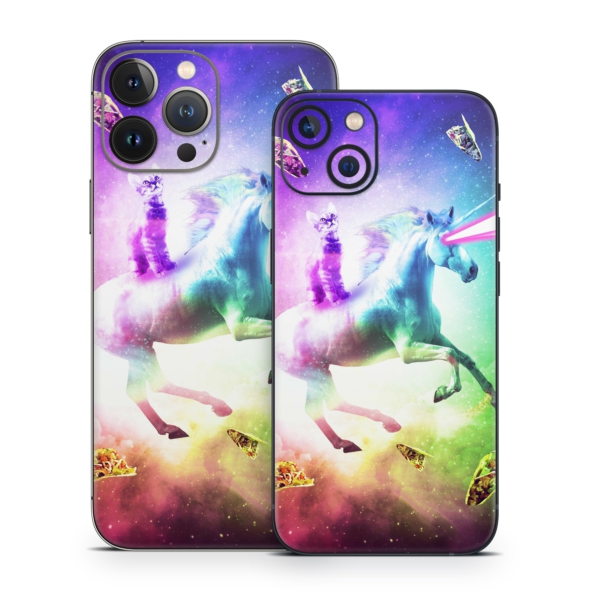 iPhone 13 Series Skin design of Fictional character, Illustration, Unicorn, Graphic design, Sky, Space, Mythical creature, Cg artwork, Art, Mythology, with black, white, blue, green, purple, pink, red colors