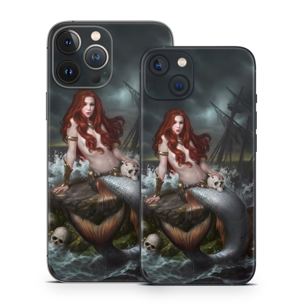 iPhone 13 Series Skin design of Mermaid, Cg artwork, Illustration, Fictional character, Mythology, Mythical creature, Art, Long hair, Woman warrior, Sitting, with black, brown, red, yellow, white, gray colors