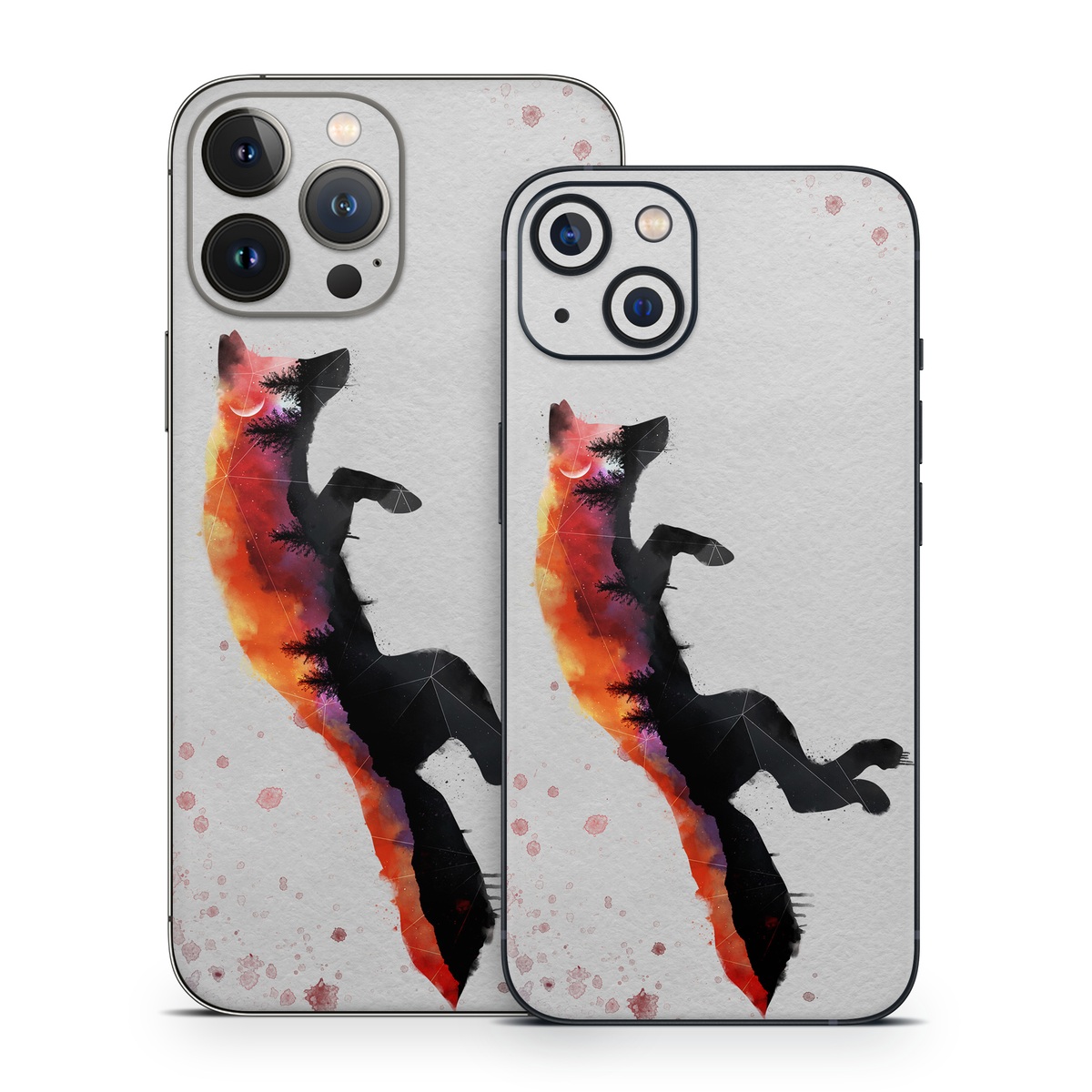 iPhone 13 Series Skin design of Illustration, Watercolor paint, Art, Graphic design, Painting, Red fox, Visual arts, Paint, Drawing, Tail, with gray, black, red, yellow, orange, white colors