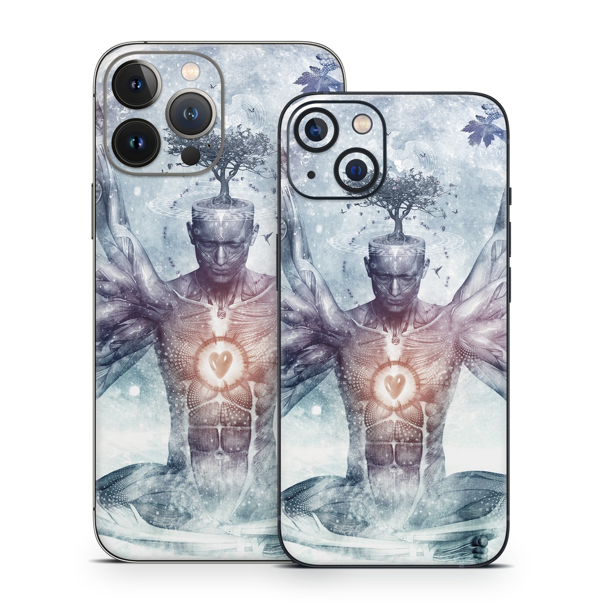 iPhone 13 Series Skin design of Mythology, Cg artwork, Water, Illustration, Fictional character, Space, Graphics, Art, Graphic design, with blue, red, orange, black, white colors