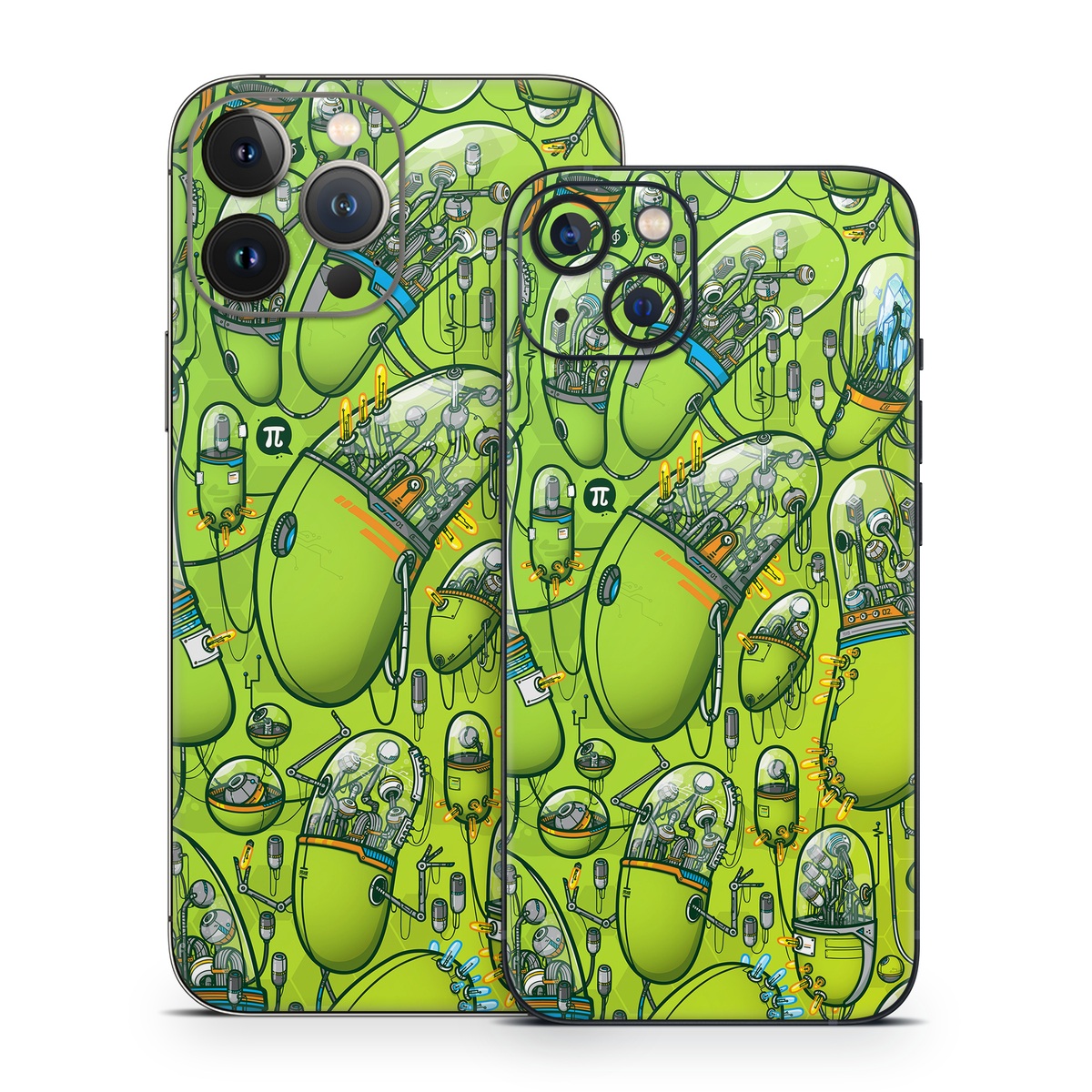 iPhone 13 Series Skin design of Green, Pattern, Yellow, Design, Illustration, Plant, Art, Graphic design, Urban design, with green, blue, gray, yellow, orange colors